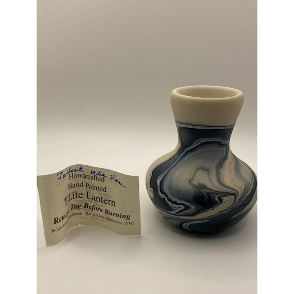 Nemadji Hand Painted Blue Swirl Clay Bud Vase Lantern - Picture 2 of 4